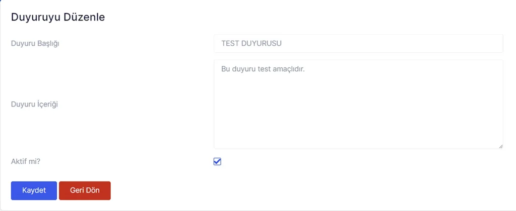 Yönetim Paneli Uygulamaları Duyurular