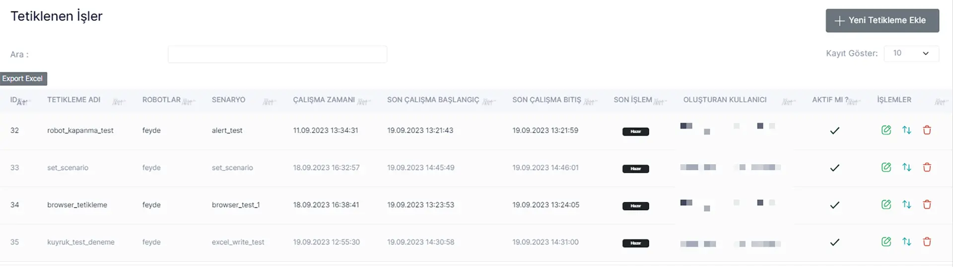 Yönetim Paneli Uygulamaları Tetiklenen İşler
